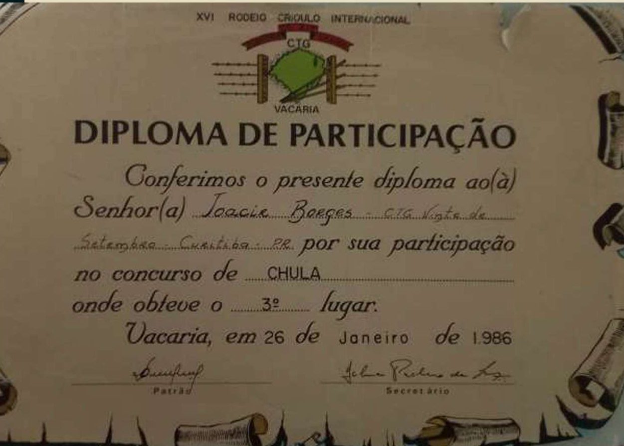 Diploma de 3º lugar no concurso de chula, Vacaria, 1986
