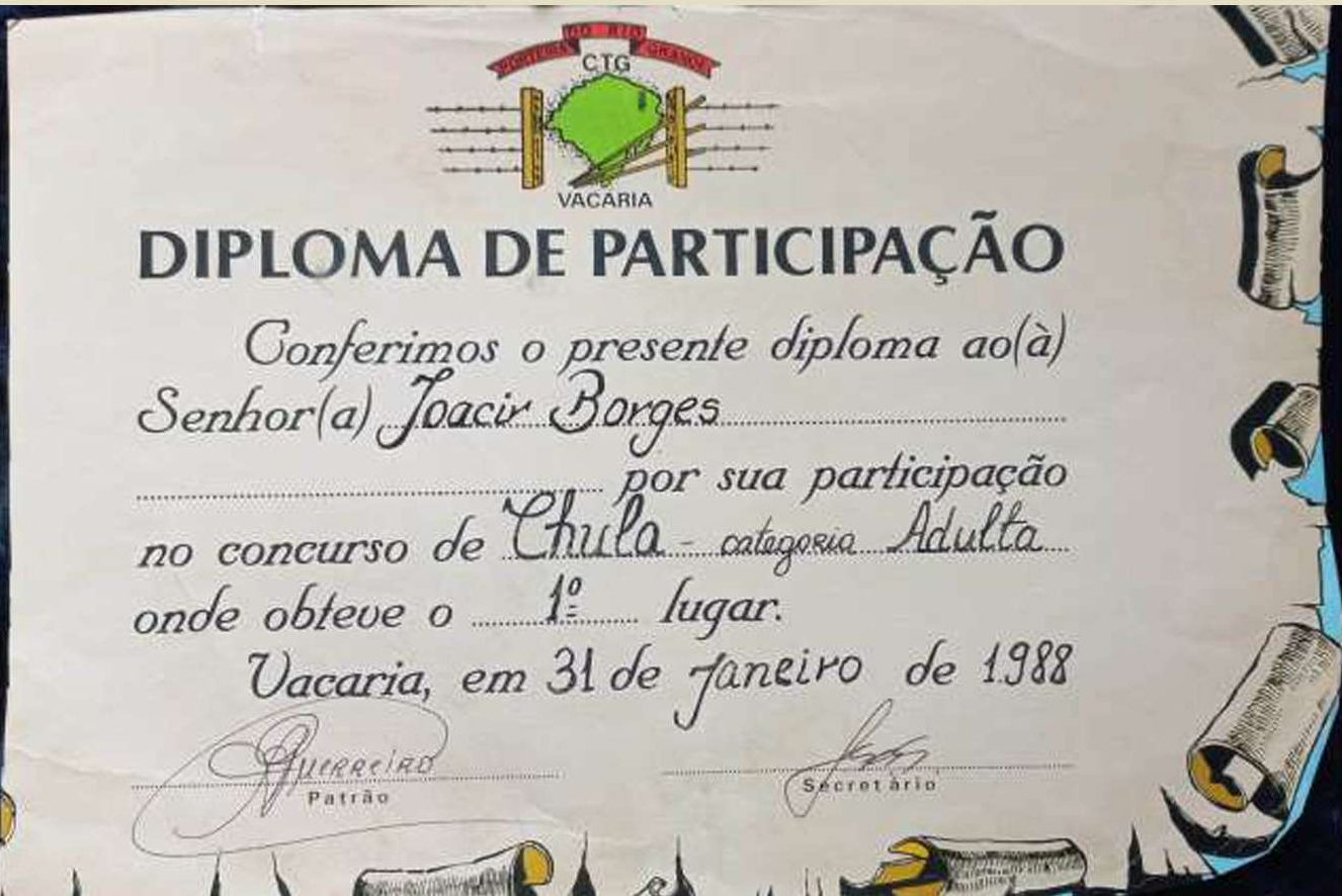 Diploma de 1º lugar no concurso de chula, categoria adulta, Vacaria, 1988